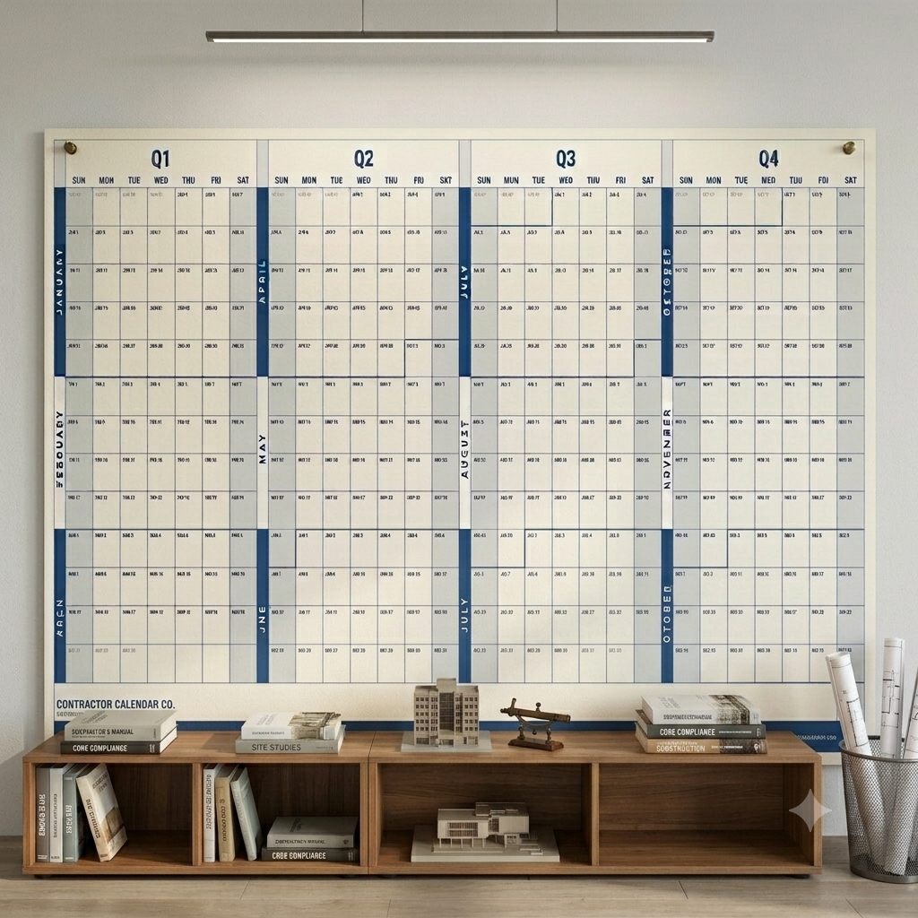 The full year calendar hanging on a wall, all four quarters