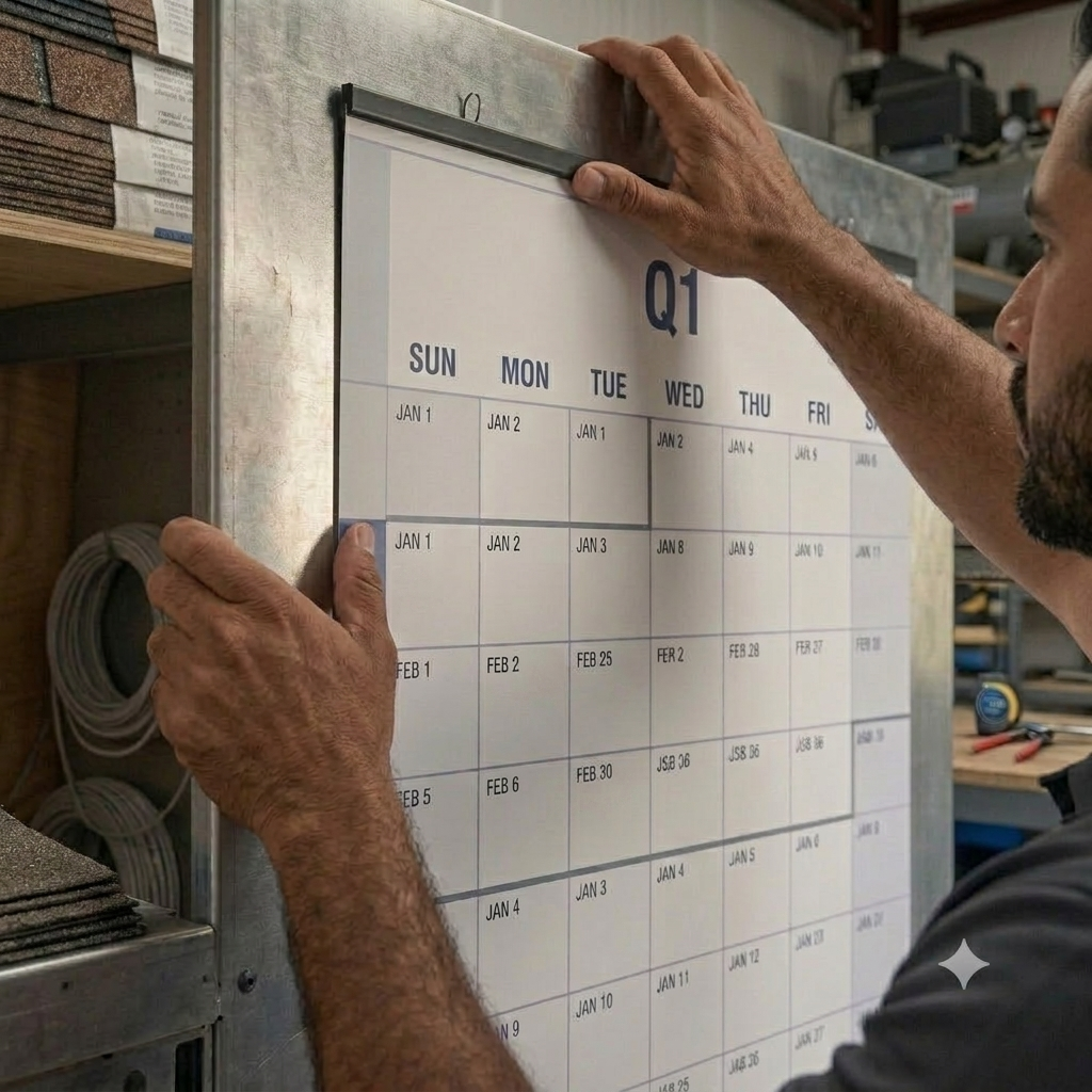 A tradesperson hanging a quarterly calendar in the shop