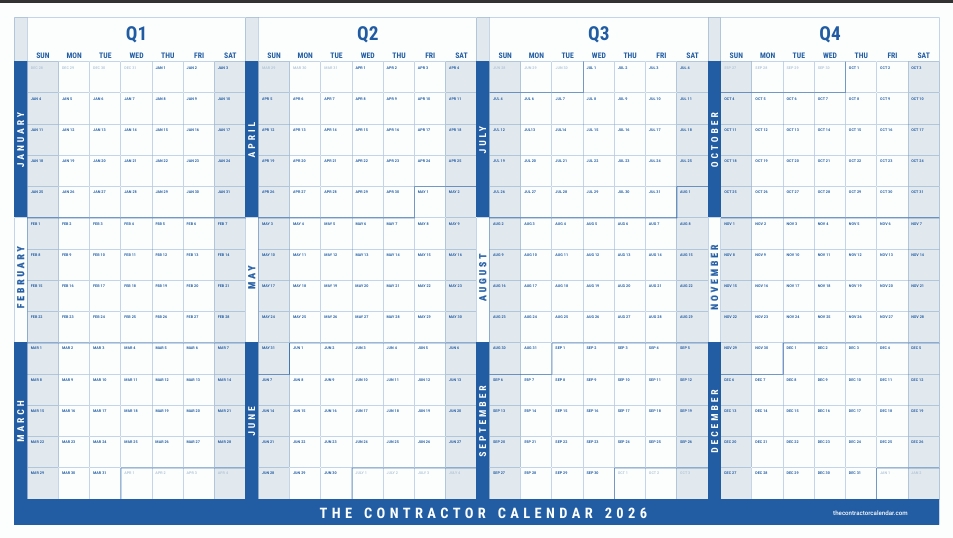 The Contractor Calendar 2026, full year laid out across four quarters