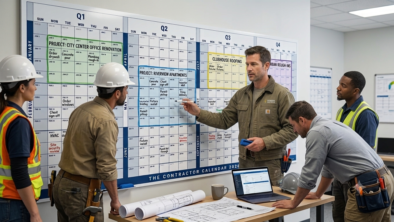 A foreman standing at the marked-up calendar on the shop wall, crew behind him