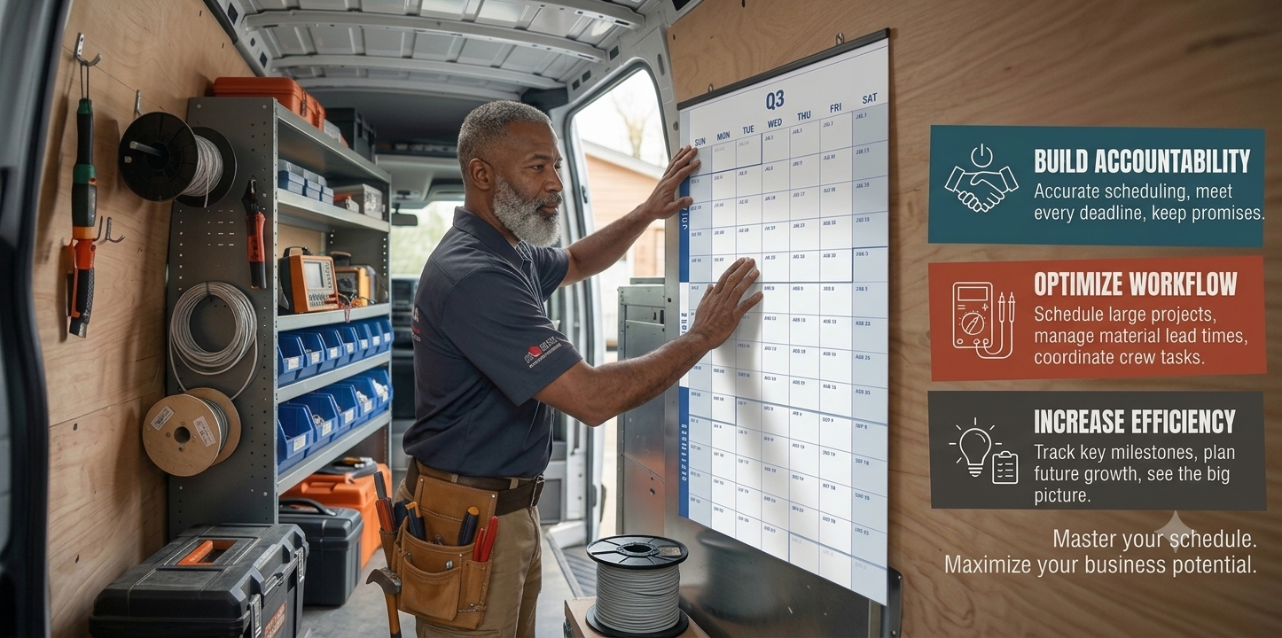 A tradesperson hanging the Mini calendar inside their work van
